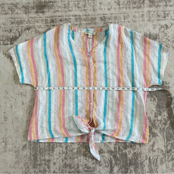 Coldwater Creek Multicolor Striped Button-Up Tie Front Linen Blouse Large Petite - Picture 5 of 11